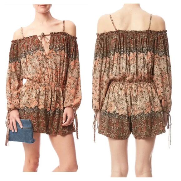 Free People So Divine tan & orange cold-shoulder paisley long-sleeve romper XS - Picture 1 of 13